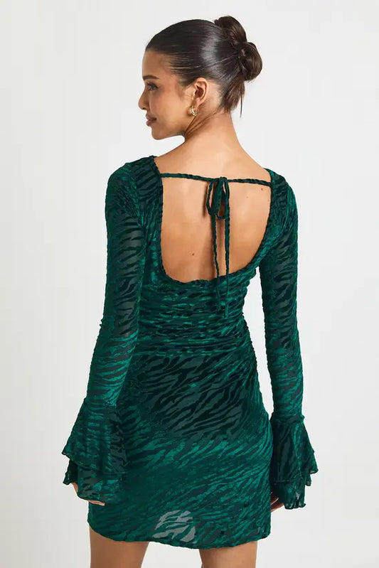 boohoo Devore Flare Sleeve Open Back Mini Dress