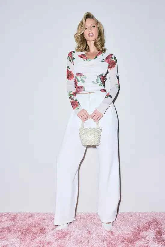 boohoo Rose Print Mesh Cowl Neck Long Sleeve Top
