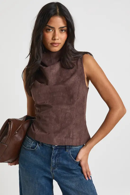 boohoo Faux Suede High Neck Cowl Top