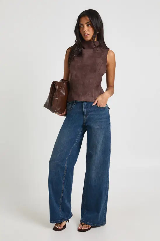 boohoo Faux Suede High Neck Cowl Top