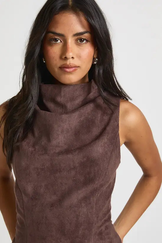 boohoo Faux Suede High Neck Cowl Top