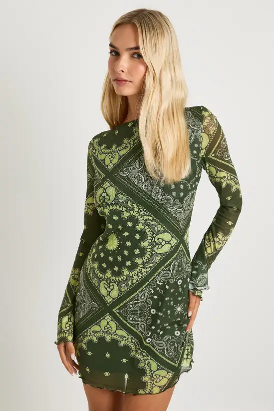 boohoo Mesh Paisley Flare Sleeve Mini Dress