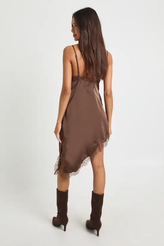 boohoo Lace Asymmetric Satin Slip Dress