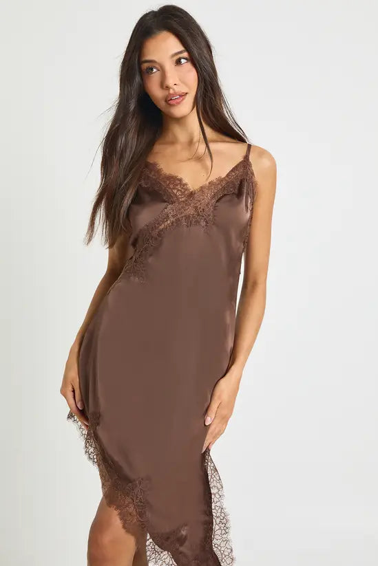 boohoo Lace Asymmetric Satin Slip Dress