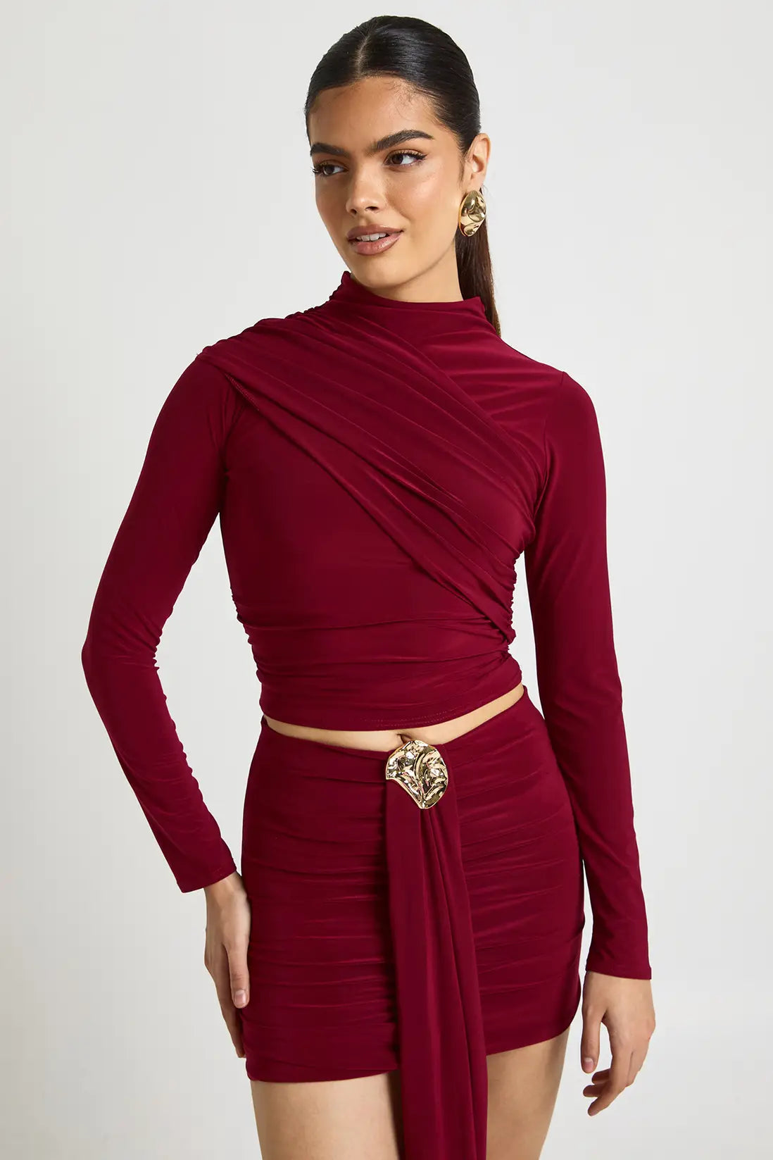 boohoo Double Layer Slinky High Neck Wrap Long Sleeve Top