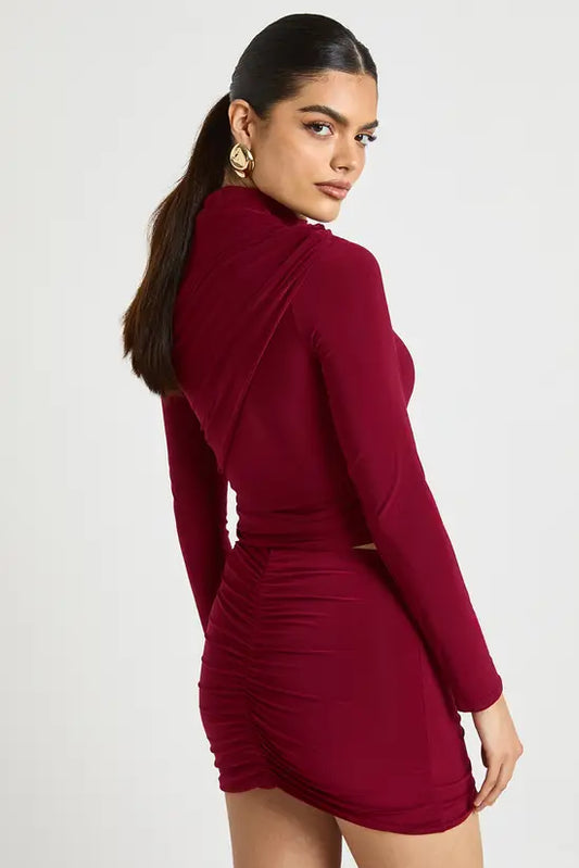 boohoo Double Layer Slinky High Neck Wrap Long Sleeve Top