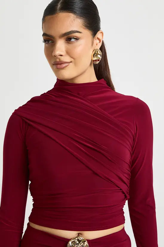 boohoo Double Layer Slinky High Neck Wrap Long Sleeve Top