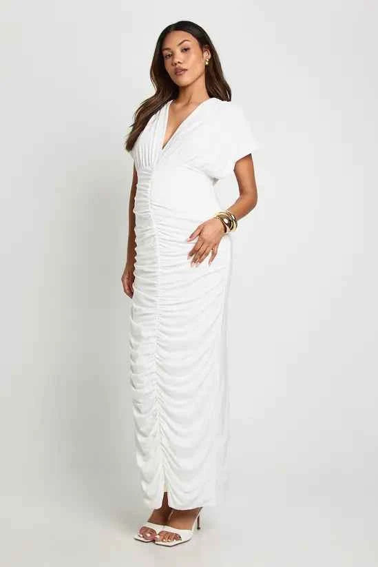 Boohoo - Maternity Double Layer Ruched Plunge Batwing Maxi Dress
