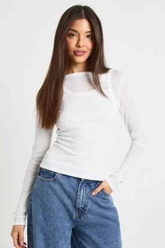boohoo Double Layer Sheer Rib Racer Long Sleeve Top