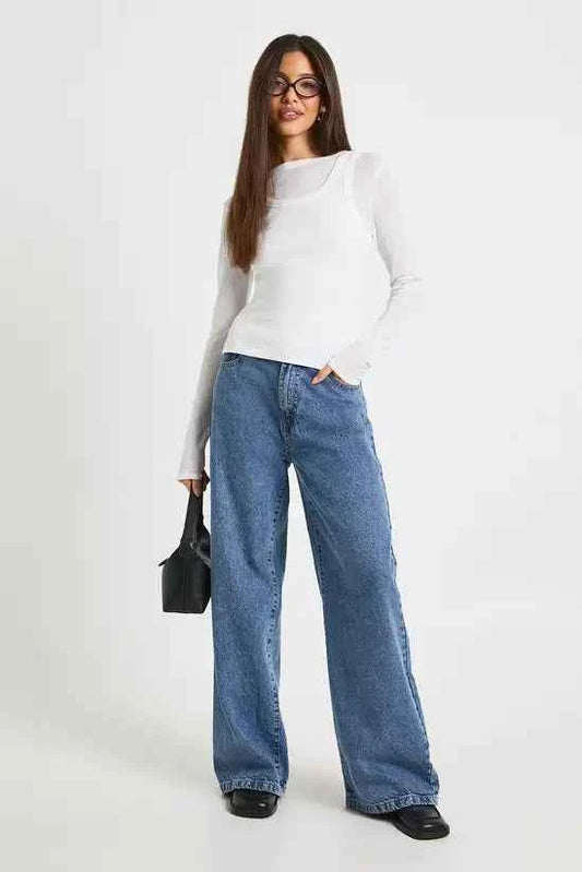 boohoo Double Layer Sheer Rib Racer Long Sleeve Top