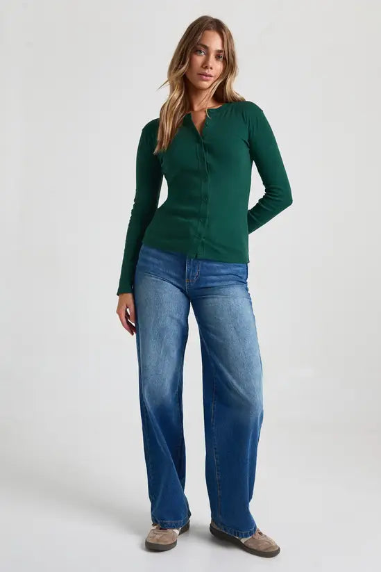 boohoo Rib Button Through Long Sleeve Top