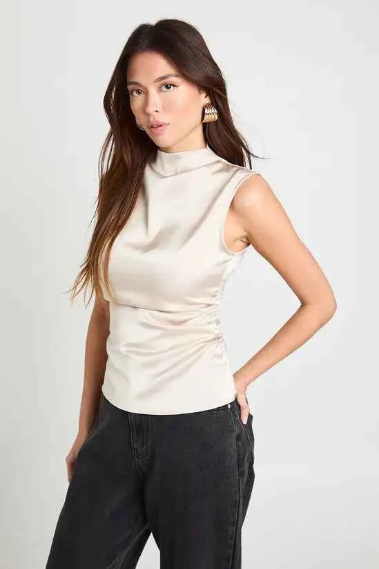 boohoo Satin High Neck Ruched Top