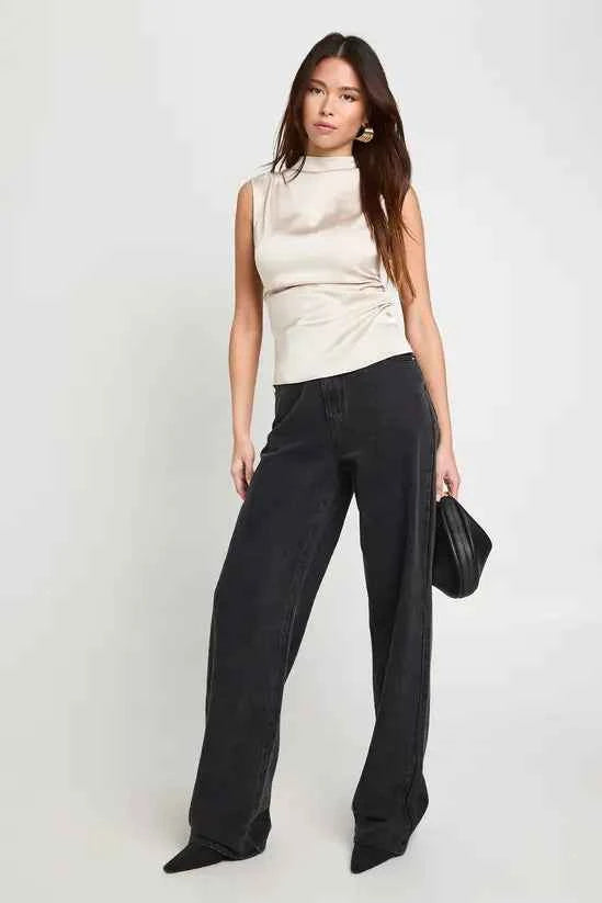 boohoo Satin High Neck Ruched Top
