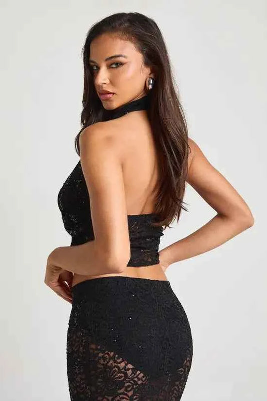 boohoo Sequin Lace Cowl Neck Top