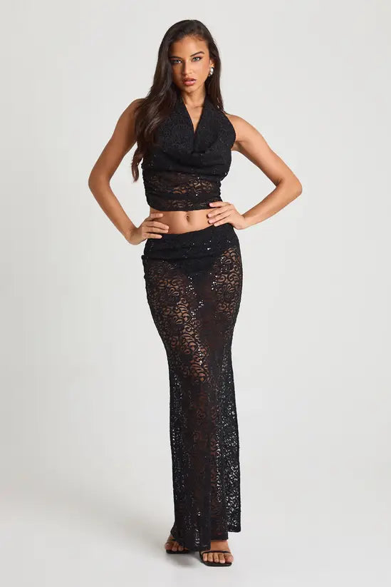 boohoo Sequin Lace Cowl Neck Top