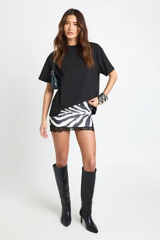 boohoo Zebra Print Mesh Low Rise Lace Trim Mini Skirt