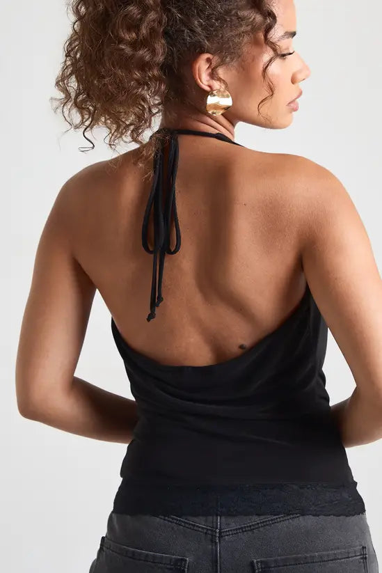 boohoo Double Layer Slinky Cowl Neck Lace Trim Top