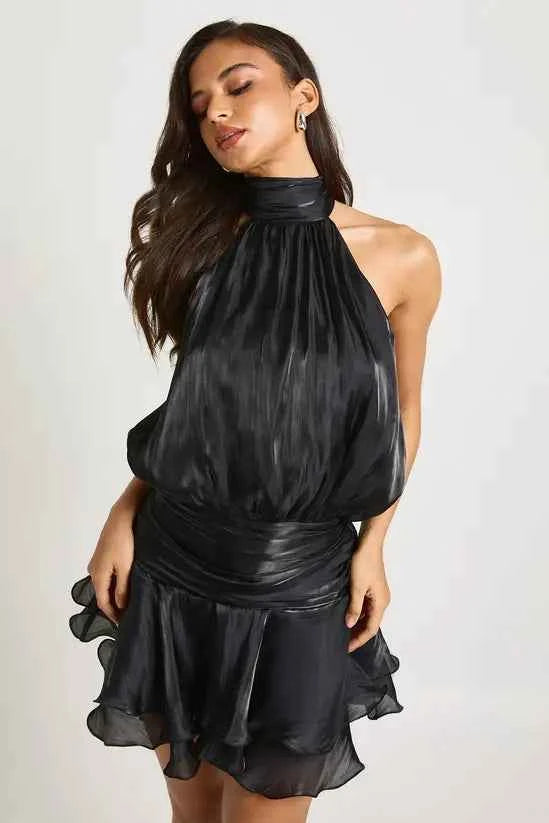 Boohoo Textured Satin Ruched Frill Skirt Halterneck Mini Dress