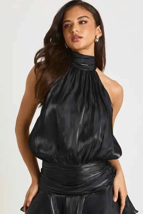 Boohoo Textured Satin Ruched Frill Skirt Halterneck Mini Dress