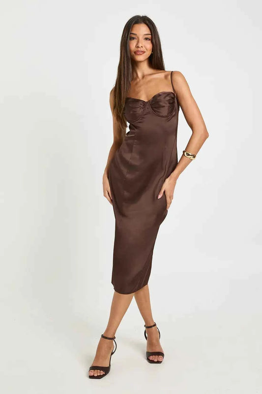 boohoo Ruched Cup Satin Midi Dress