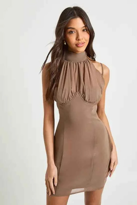 Boohoo High Neck Ruched Cup Mini Dress