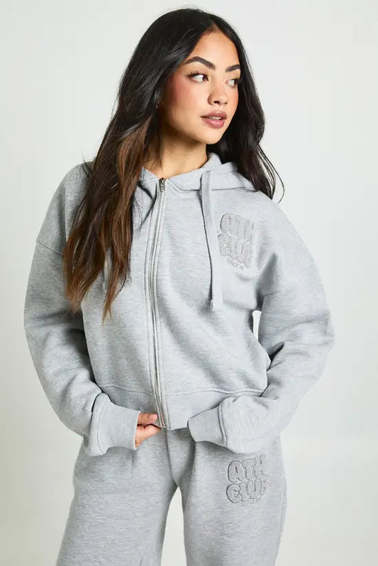 boohoo Ath Club Towelling Applique Boxy Zip Through Hoodie