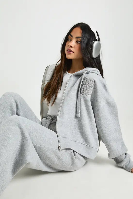 boohoo Ath Club Towelling Applique Boxy Zip Through Hoodie