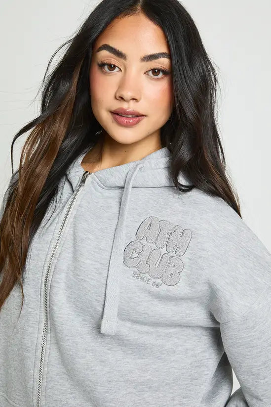 boohoo Ath Club Towelling Applique Boxy Zip Through Hoodie