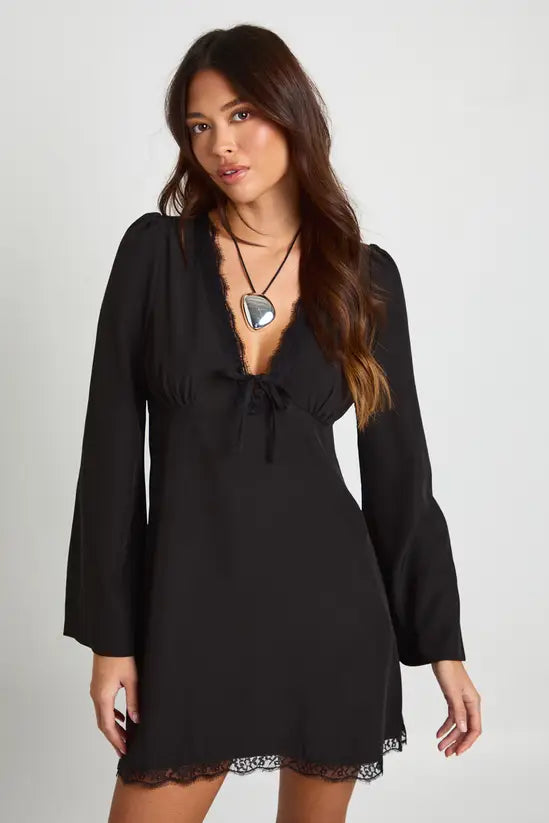 Boohoo Flared Sleeve Lace Trim Mini Dress