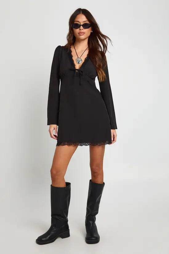 Boohoo Flared Sleeve Lace Trim Mini Dress
