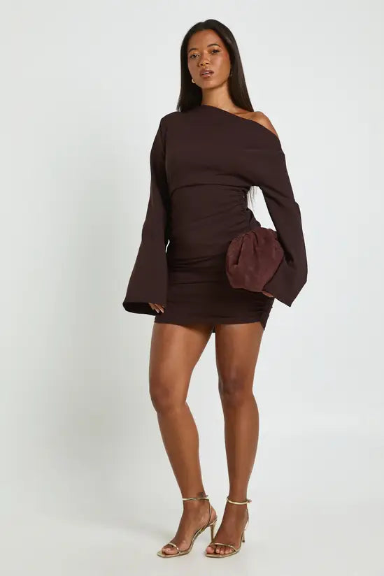 boohoo Flared Sleeve Off the Shoulder Ruched Mini Dress
