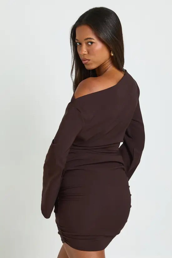 boohoo Flared Sleeve Off the Shoulder Ruched Mini Dress