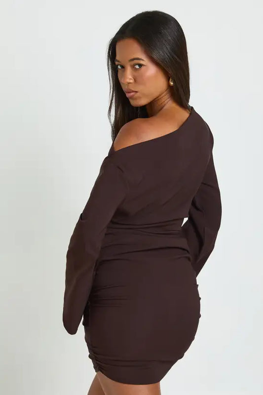 boohoo Flared Sleeve Off the Shoulder Ruched Mini Dress