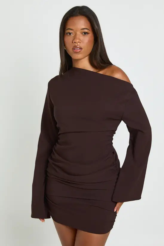 boohoo Flared Sleeve Off the Shoulder Ruched Mini Dress
