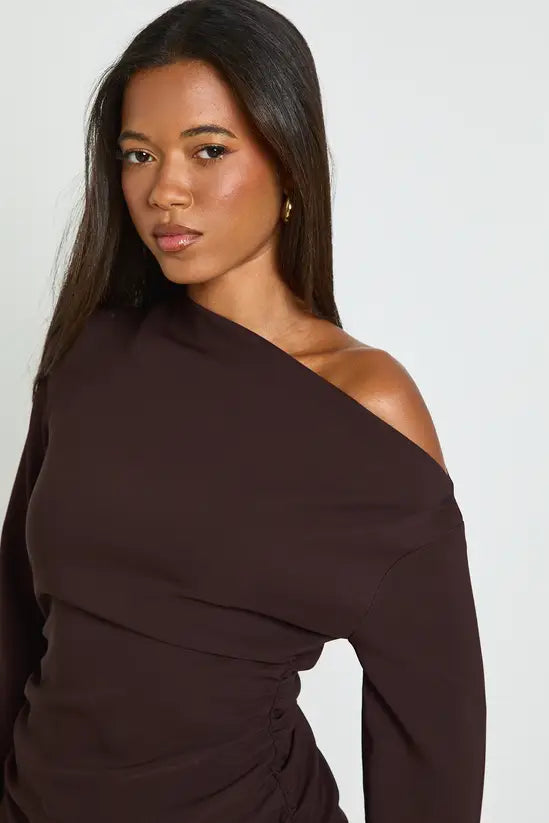 boohoo Flared Sleeve Off the Shoulder Ruched Mini Dress