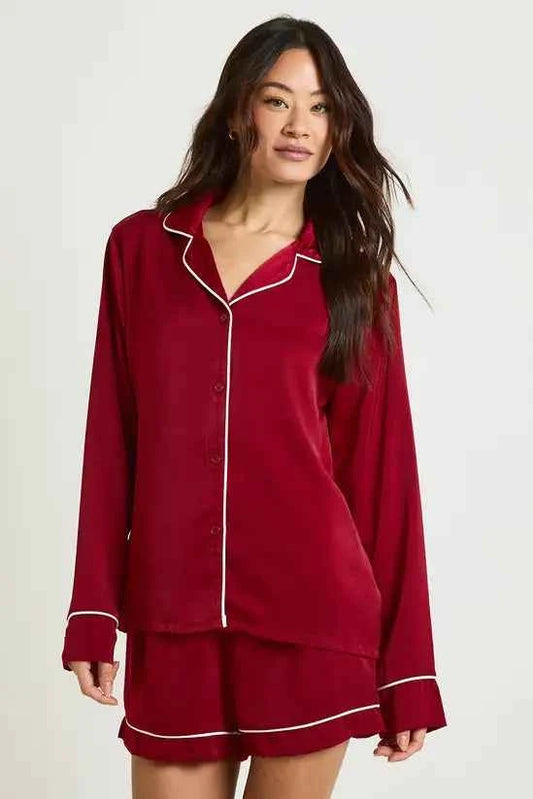 boohoo Tall Satin Piping Detail Long Sleeve Shirt & Shorts Pyjama Set