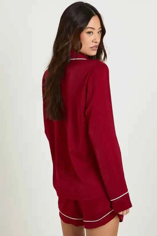 boohoo Tall Satin Piping Detail Long Sleeve Shirt & Shorts Pyjama Set