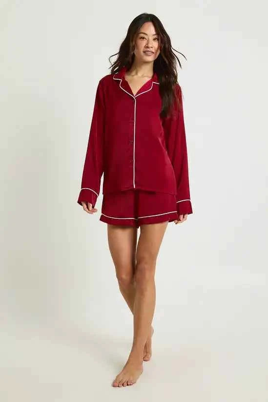 boohoo Tall Satin Piping Detail Long Sleeve Shirt & Shorts Pyjama Set