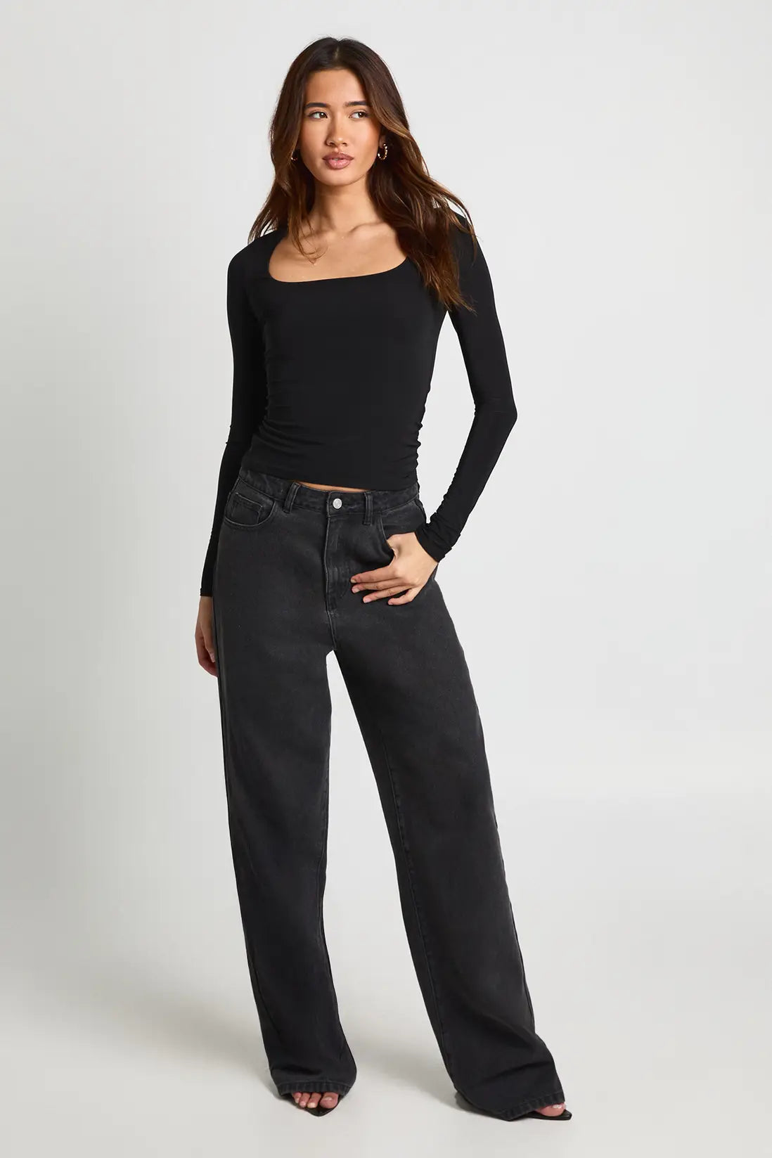 boohoo Double Layer Slinky Square Neck Long Sleeve Top
