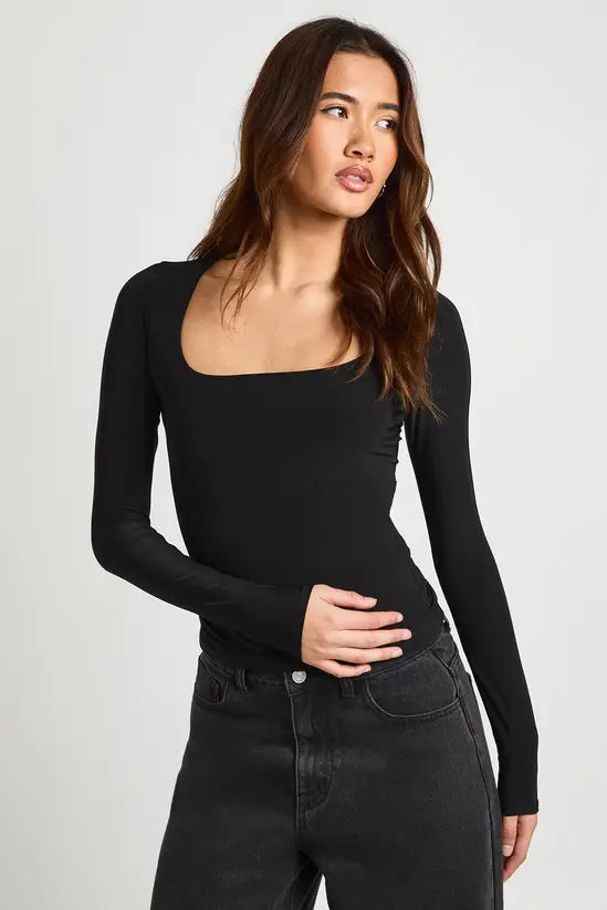 boohoo Double Layer Slinky Square Neck Long Sleeve Top