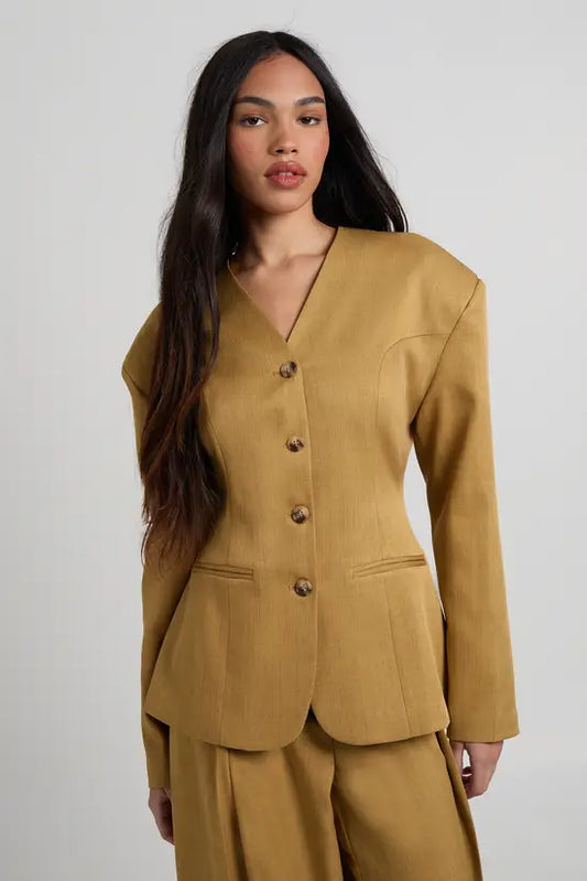 boohoo High Neck Collarless Cinched Blazer