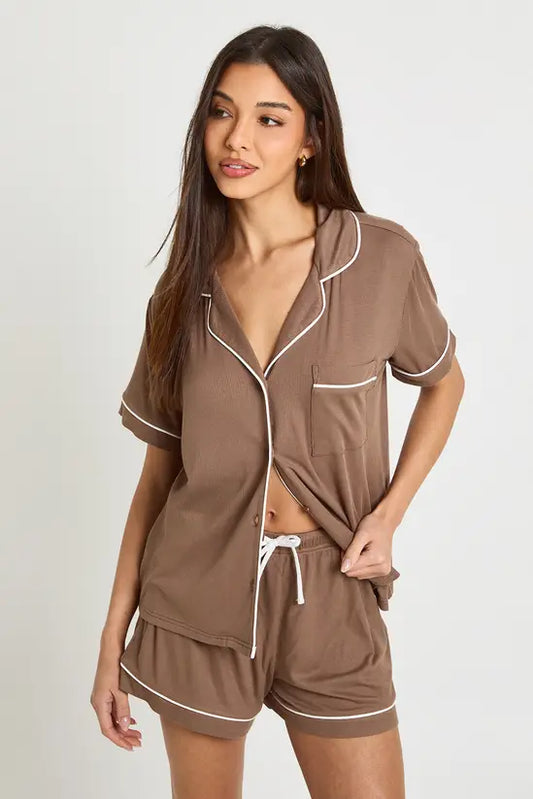 boohoo Soft Rib Piping Detail Short Sleeve Shirt & Short Pyjama Set