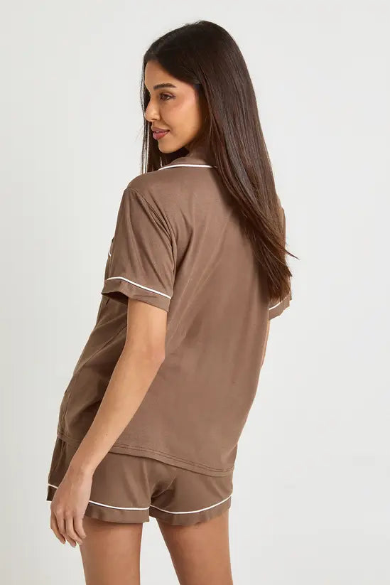 boohoo Soft Rib Piping Detail Short Sleeve Shirt & Short Pyjama Set