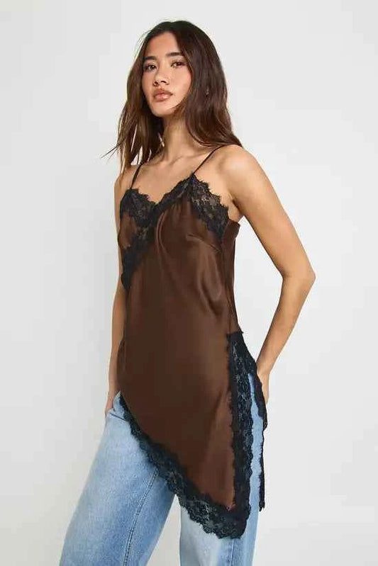 boohoo Satin Lace Contrast Longline Cami