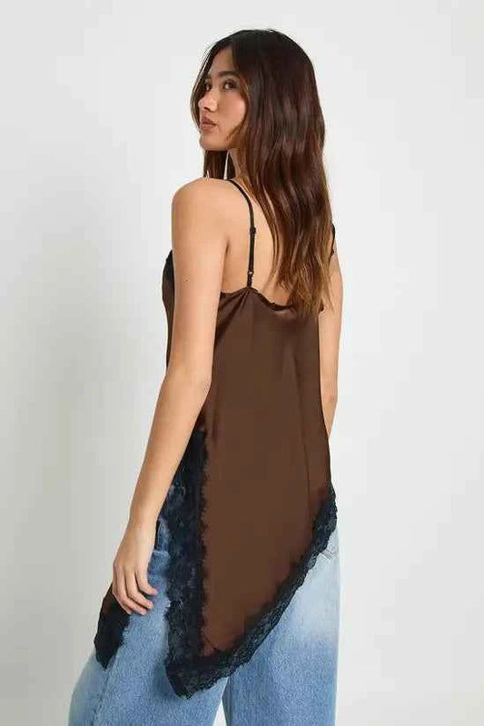 boohoo Satin Lace Contrast Longline Cami