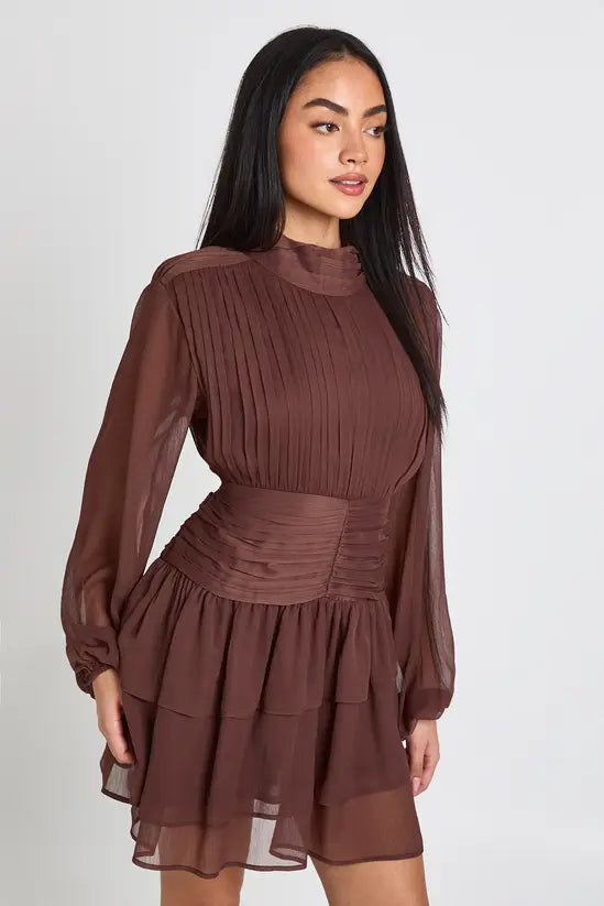 boohoo High Neck Gathered Chiffon Mini Dress