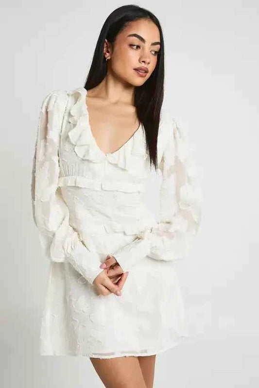 Boohoo - Burnout Ruffle Detail Volume Sleeve Mini Dress