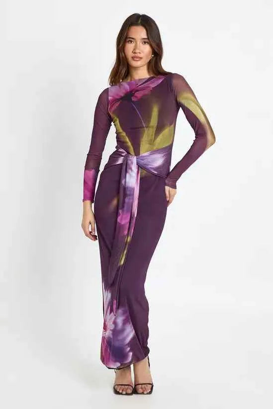 boohoo Knot Detail Long Sleeve Maxi Dress