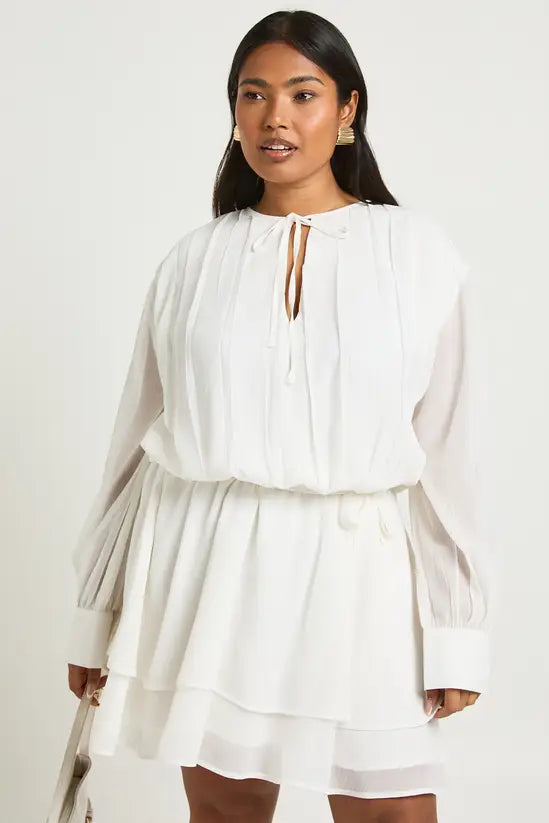 boohoo Plus Chiffon Blouson Ruffle Tie Belt Skater Dress