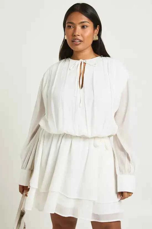 boohoo Plus Chiffon Blouson Ruffle Tie Belt Skater Dress